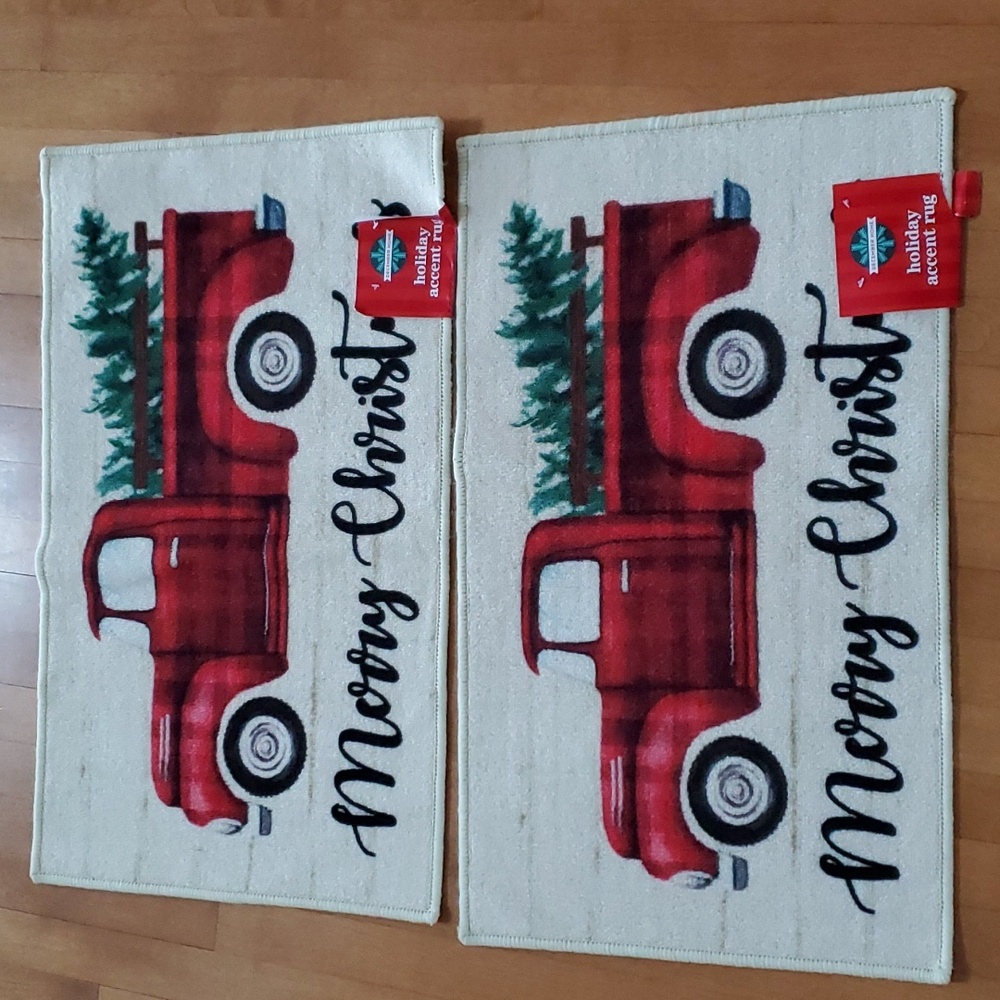 Lot of 2 December Home MERRY CHRISTMAS Red Truck Holiday Accent Rugs 17x30" NWT